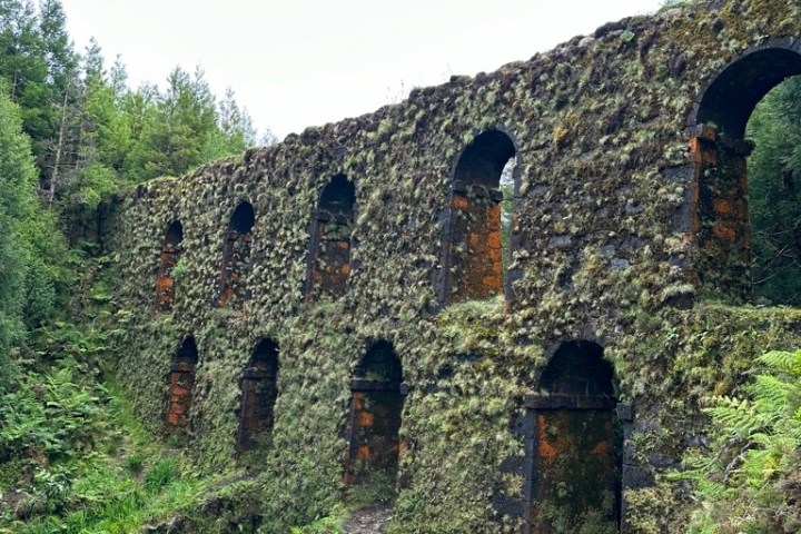 Old moss-covered stone aqueduct with arches in a forested area.