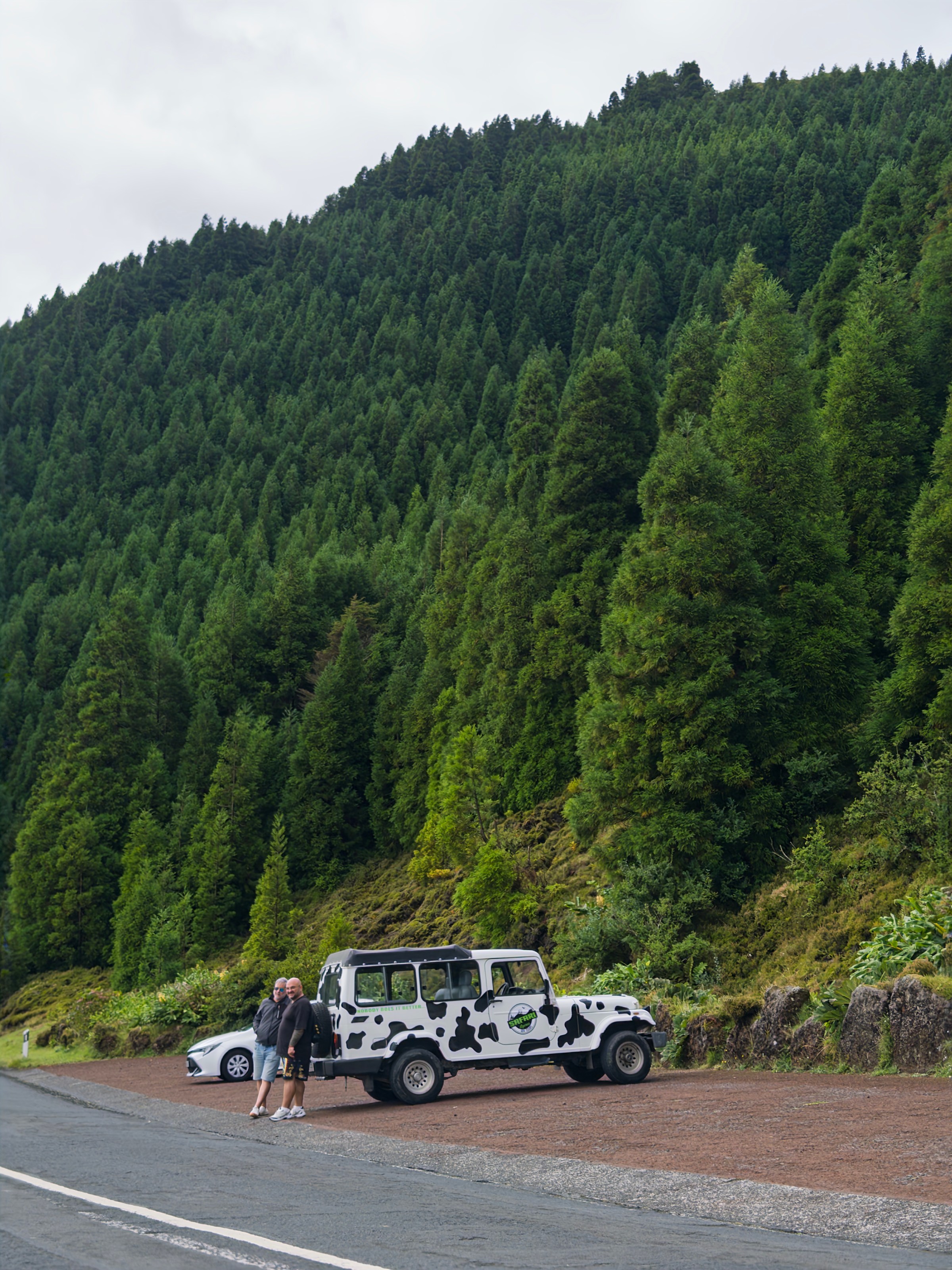 Two people stand by a cow-print vehicle near dense forested hillside.