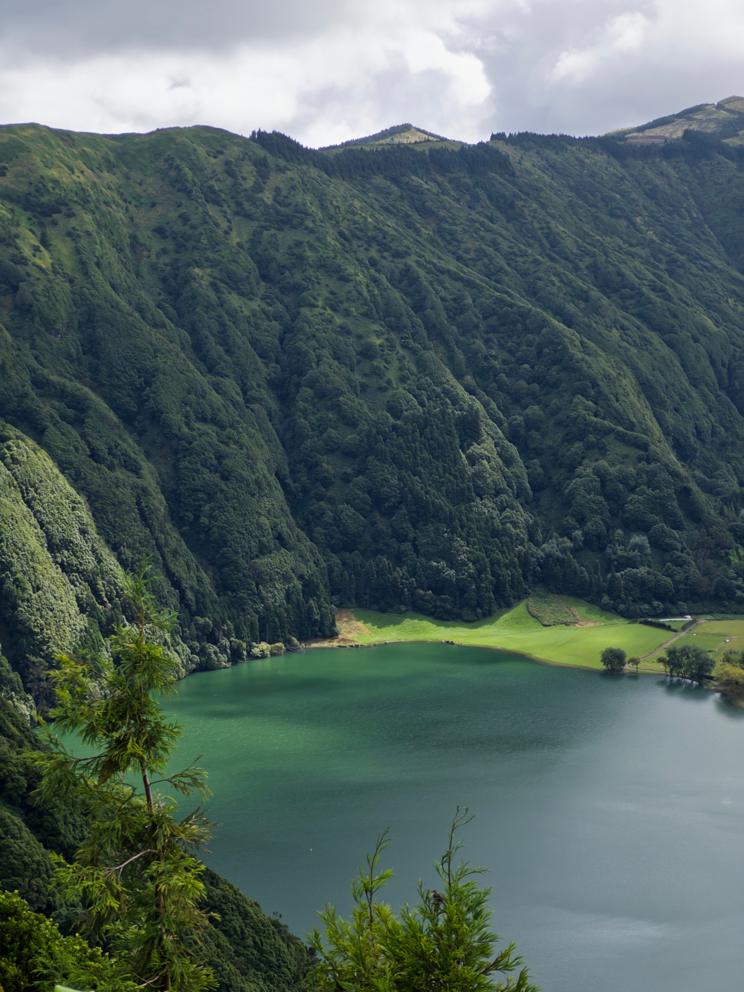 Green hills and a lake under a cloudy sky, with trees in the foreground.