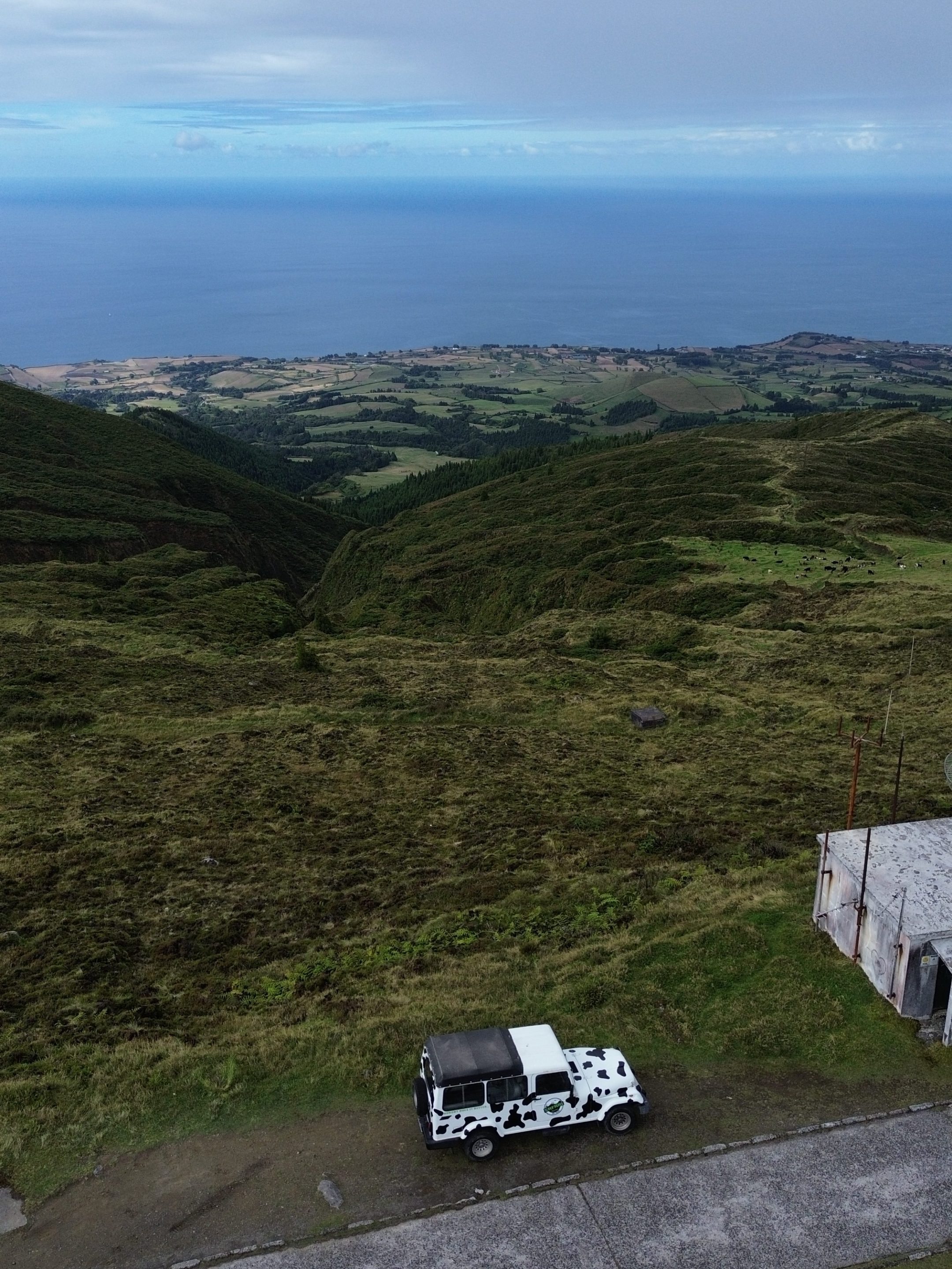 Aerial view of a cow-patterned vehicle on a hilltop with ocean and farmland in the background.