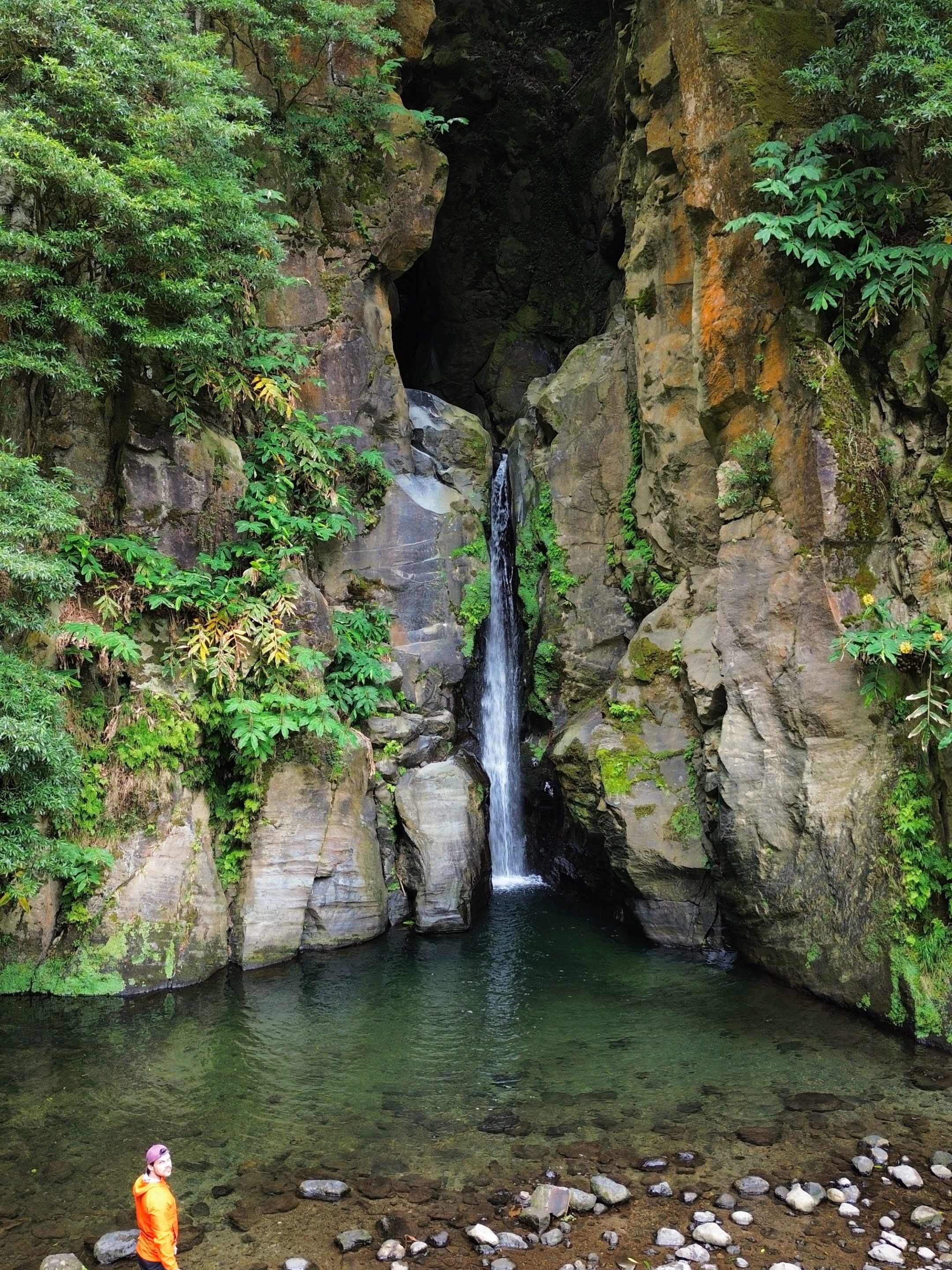 Person in orange jacket stands by a waterfall in a rocky, forested gorge.