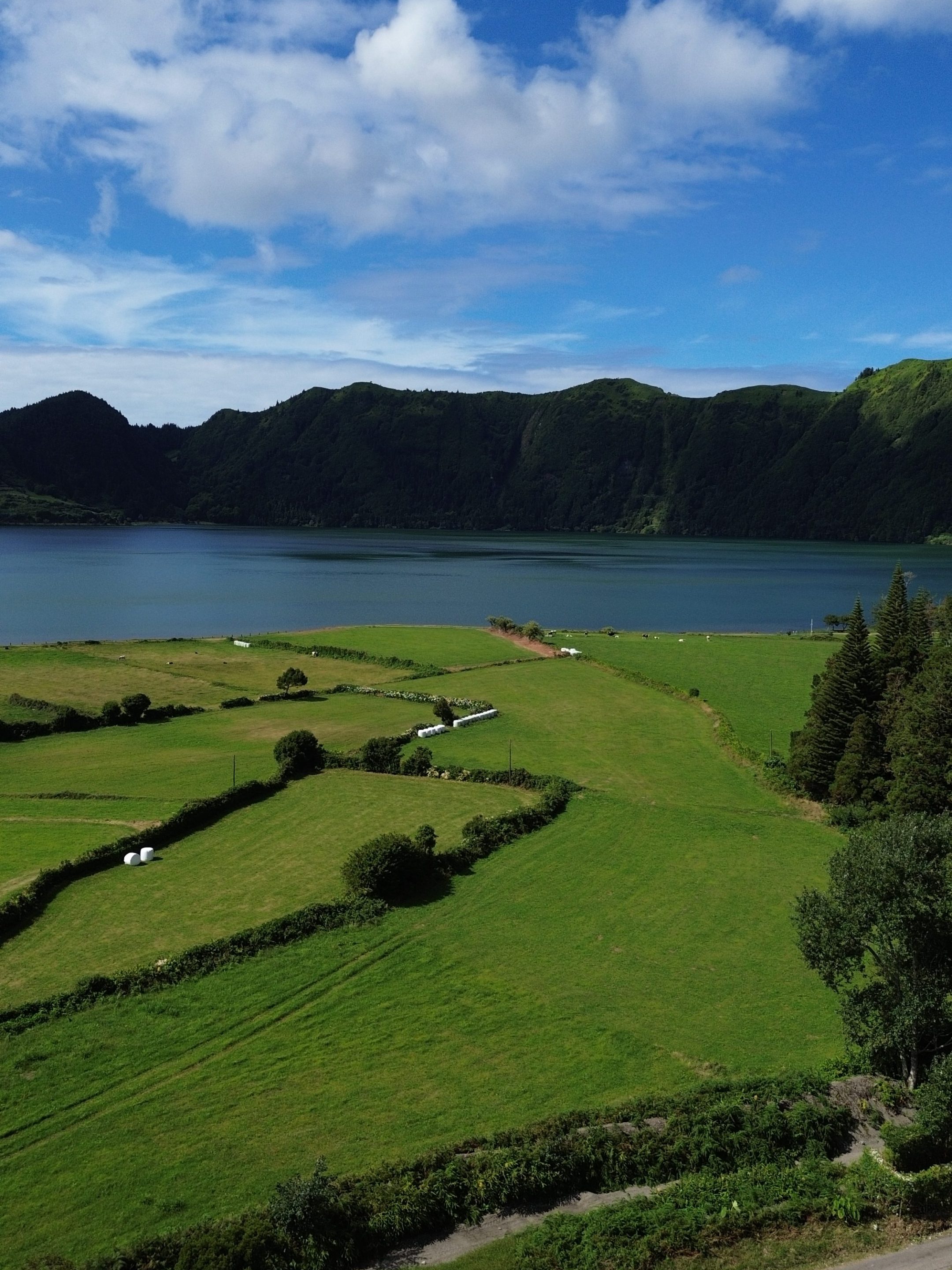 Green fields with a winding road and a white vehicle near a lake, mountains in the background under a blue sky.